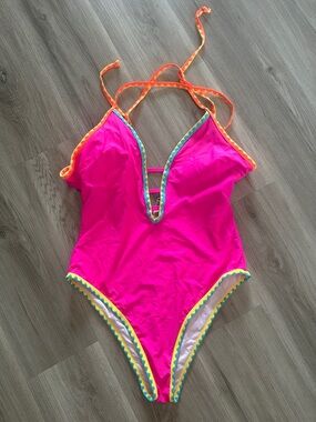 Hot Pink Plunge One-Piece Swimsuit with Neon Trim
